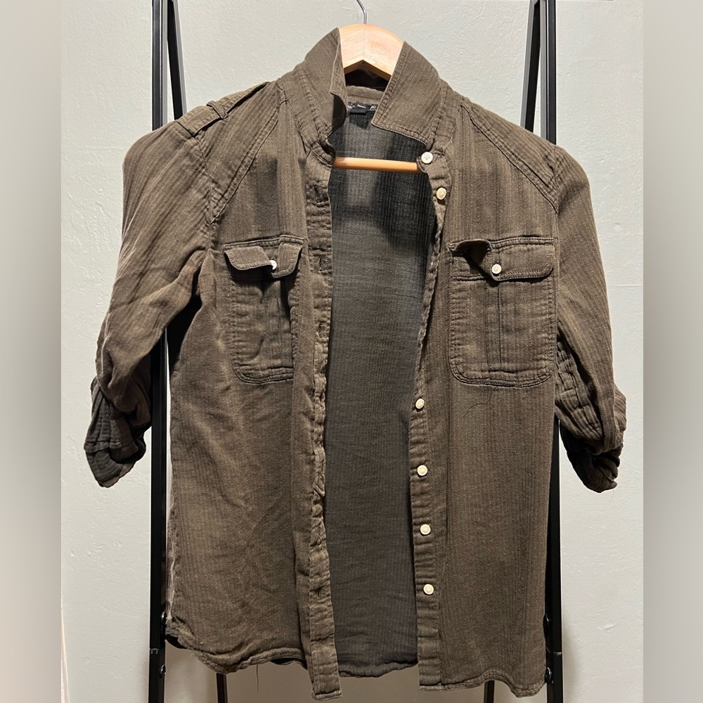 Olive green button up shirt with shoulder straps